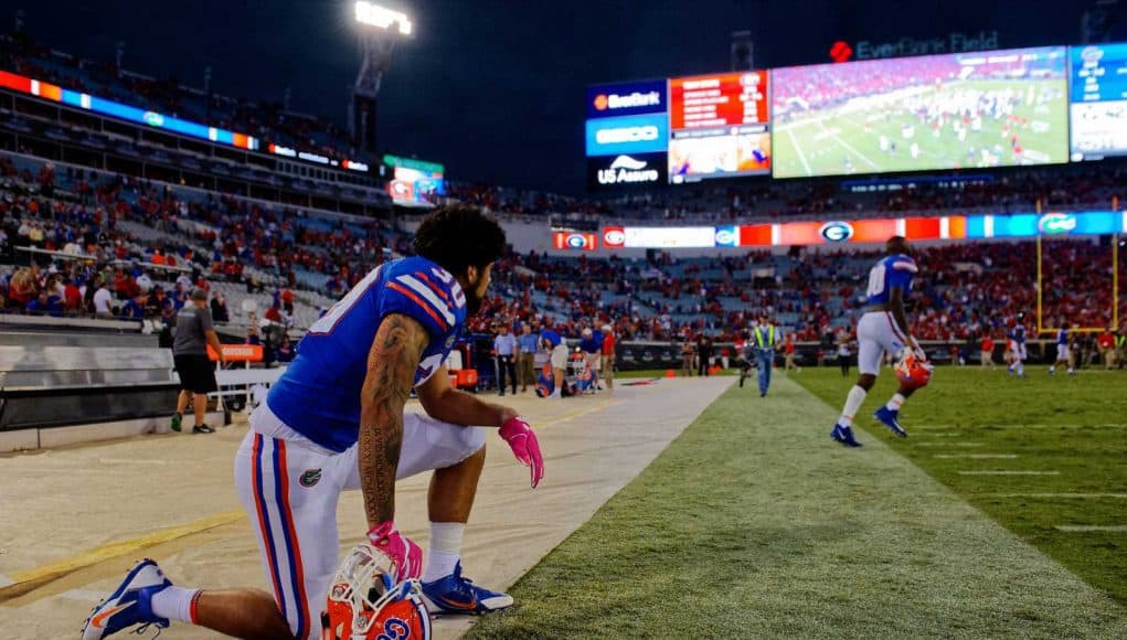 University of Florida Gators tight end DeAndre Goolsby during post-game as the Gators lose to 42-7 to the Georgia Bulldogs at EverBank Field in Jacksonville, Florida. October 28th, 2017. Gator Country photo by David Bowie.