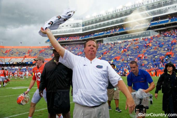 Florida Gators head coach Jim McElwain celebrates after the Vanderbilt game- 1280x854