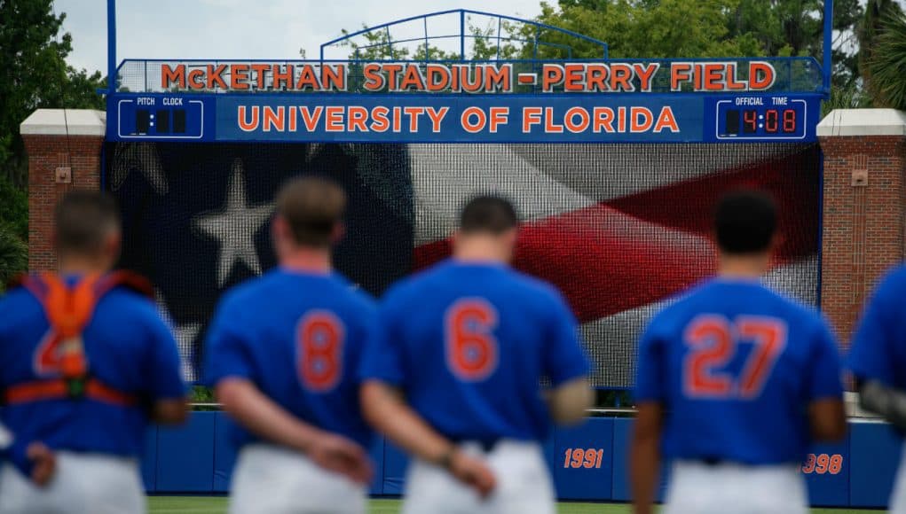 The Florida Gators stand for the National Anthem before game three of the 2017 Gainesville Super Regional at McKethan Stadium- Florida Gators baseball- 1280x854