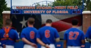 The Florida Gators stand for the National Anthem before game three of the 2017 Gainesville Super Regional at McKethan Stadium- Florida Gators baseball- 1280x854
