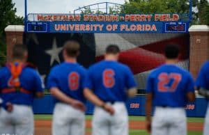 The Florida Gators stand for the National Anthem before game three of the 2017 Gainesville Super Regional at McKethan Stadium- Florida Gators baseball- 1280x854