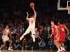 Mar 24, 2017; New York, NY, USA; Florida Gators guard Chris Chiozza (11) makes a three point basket to beat the Wisconsin Badgers in overtime in the semifinals of the East Regional of the 2017 NCAA Tournament at Madison Square Garden. Mandatory Credit: Robert Deutsch-USA TODAY Sports