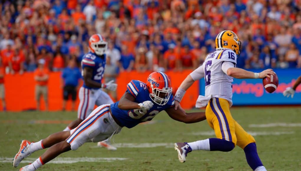 University of Florida defensive end Jabari Zuniga chases after LSU quarterback Danny Etling- Florida Gators baseball- 1280x852