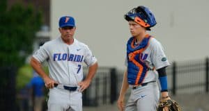 University of Florida head baseball coach Kevin O’Sullivan and catcher JJ Schwarz wait for a new pitcher in a win over Wake Forest- Florida Gators baseball- 1280x852
