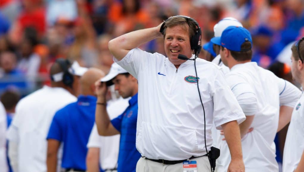 University of Florida head coach Jim McElwain reacts to a false start penalty called in a 42-7 loss to Georgia- Florida Gators football- 1280x853