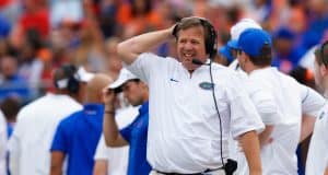 University of Florida head coach Jim McElwain reacts to a false start penalty called in a 42-7 loss to Georgia- Florida Gators football- 1280x853