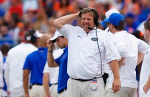 University of Florida head coach Jim McElwain reacts to a false start penalty called in a 42-7 loss to Georgia- Florida Gators football- 1280x853