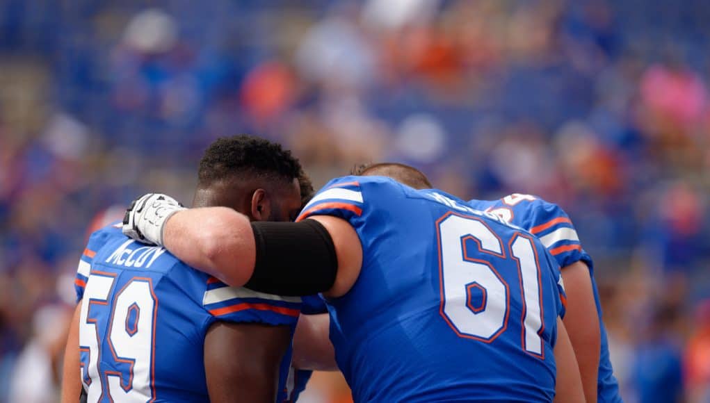 University of Florida offensive linemen huddle before the Florida Gators game against the LSU Tigers- Florida Gators football- 1280