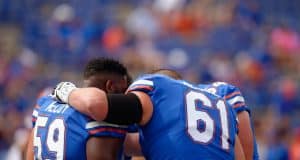 University of Florida offensive linemen huddle before the Florida Gators game against the LSU Tigers- Florida Gators football- 1280