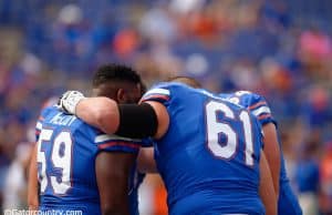 University of Florida offensive linemen huddle before the Florida Gators game against the LSU Tigers- Florida Gators football- 1280