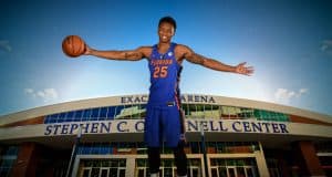 University of Florida power forward Keith Stone posed on his skateboard at Florida Gators basketball media day- Florida Gators basketball- 1280x853