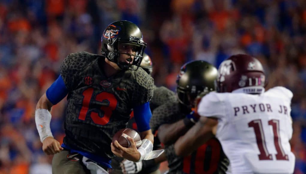 University of Florida quarterback Feleipe Franks scrambles for a 79-yard gain against the Texas A&M Aggies- Florida Gators football- 1280x852