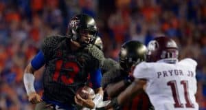 University of Florida quarterback Feleipe Franks scrambles for a 79-yard gain against the Texas A&M Aggies- Florida Gators football- 1280x852