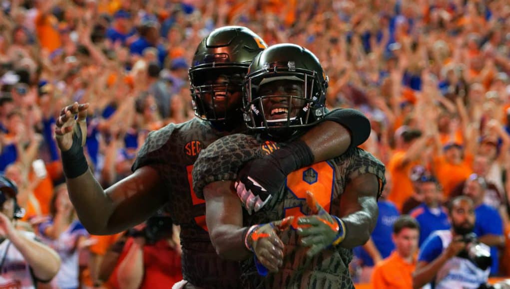 University of Florida receiver Dre Massey and center T.J. McCoy celebrate Massey’s touchdown against Texas A&M- Florida Gators football- 1280x853