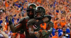 University of Florida receiver Dre Massey and center T.J. McCoy celebrate Massey’s touchdown against Texas A&M- Florida Gators football- 1280x853
