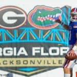 University of Florida receiver Mike McNeely looks back after scoring a touchdown on a fake field goal in a win over the Georgia Bulldogs- Florida Gators football- 1280x852
