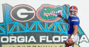 University of Florida receiver Mike McNeely looks back after scoring a touchdown on a fake field goal in a win over the Georgia Bulldogs- Florida Gators football- 1280x852