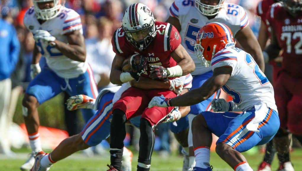 Florida Gators DB Donovan Stiner tackles South Carolina- 1280x853