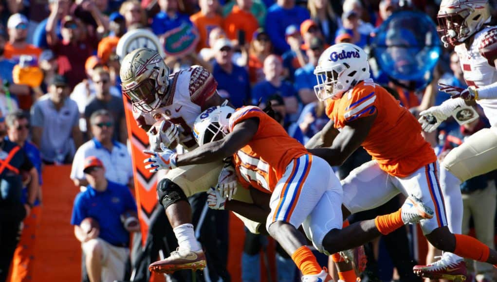 Florida Gators linebacker Vosean Joseph makes a tackle against FSU- 1280x853