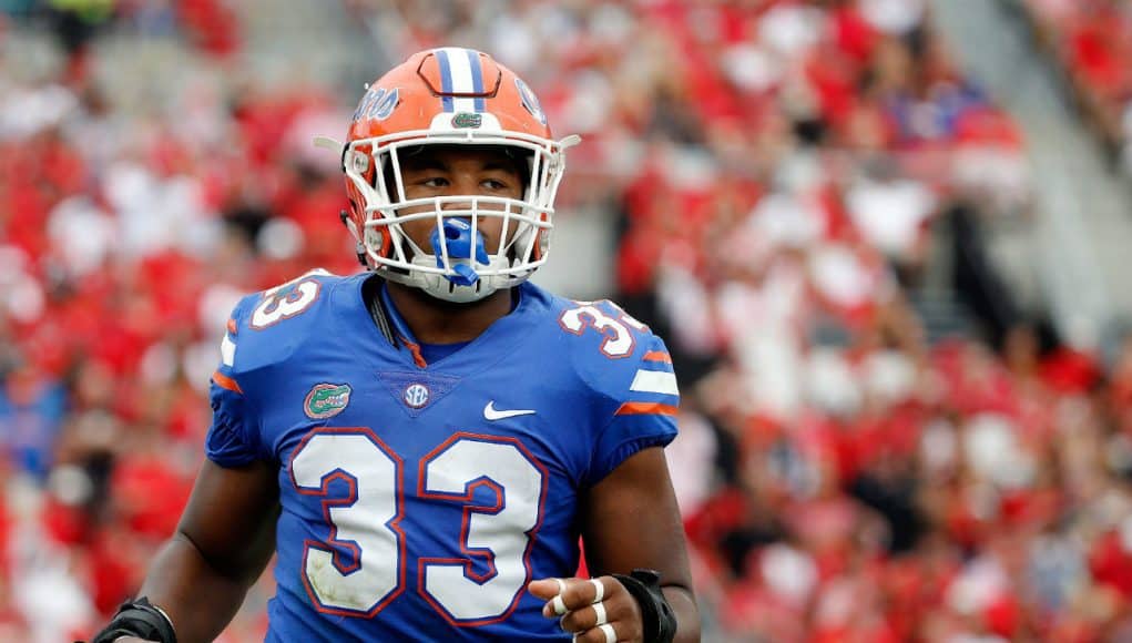 Oct 28, 2017; Jacksonville, FL, USA; Florida Gators linebacker David Reese (33) during the first half at EverBank Field. Mandatory Credit: Kim Klement-USA TODAY Sports