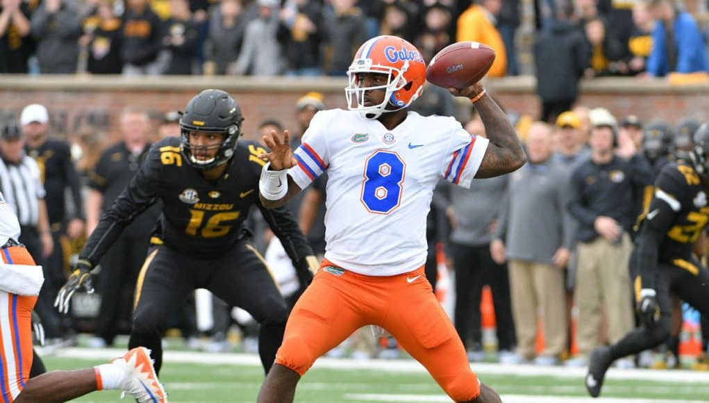 Nov 4, 2017; Columbia, MO, USA; Florida Gators quarterback Malik Zaire (8) throws a pass during the first half against the Missouri Tigers at Faurot Field. Mandatory Credit: Denny Medley-USA TODAY Sports