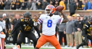 Nov 4, 2017; Columbia, MO, USA; Florida Gators quarterback Malik Zaire (8) throws a pass during the first half against the Missouri Tigers at Faurot Field. Mandatory Credit: Denny Medley-USA TODAY Sports