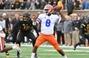 Nov 4, 2017; Columbia, MO, USA; Florida Gators quarterback Malik Zaire (8) throws a pass during the first half against the Missouri Tigers at Faurot Field. Mandatory Credit: Denny Medley-USA TODAY Sports