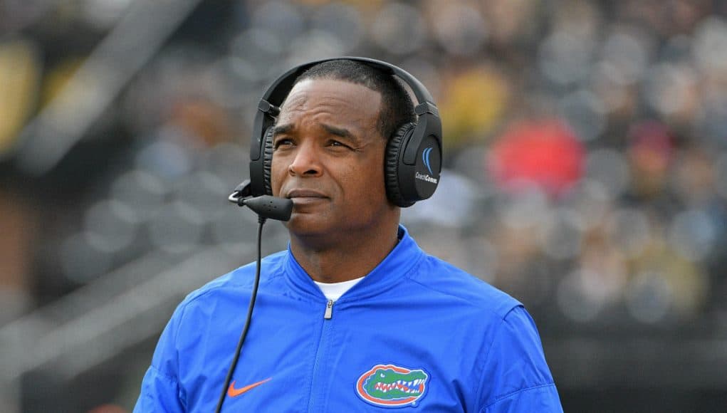 Nov 4, 2017; Columbia, MO, USA; Florida Gators head coach Randy Shannon watches the replay board during the first half against the Missouri Tigers at Faurot Field. Mandatory Credit: Denny Medley-USA TODAY Sports