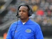 Nov 4, 2017; Columbia, MO, USA; Florida Gators head coach Randy Shannon watches the replay board during the first half against the Missouri Tigers at Faurot Field. Mandatory Credit: Denny Medley-USA TODAY Sports