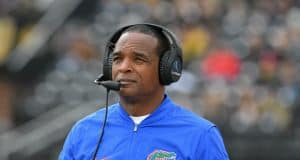 Nov 4, 2017; Columbia, MO, USA; Florida Gators head coach Randy Shannon watches the replay board during the first half against the Missouri Tigers at Faurot Field. Mandatory Credit: Denny Medley-USA TODAY Sports