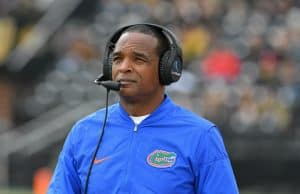 Nov 4, 2017; Columbia, MO, USA; Florida Gators head coach Randy Shannon watches the replay board during the first half against the Missouri Tigers at Faurot Field. Mandatory Credit: Denny Medley-USA TODAY Sports