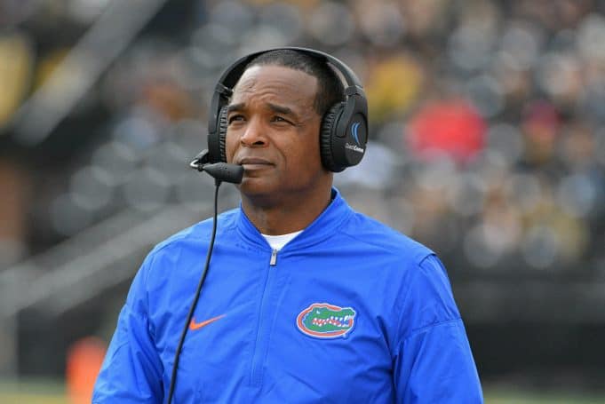 Nov 4, 2017; Columbia, MO, USA; Florida Gators head coach Randy Shannon watches the replay board during the first half against the Missouri Tigers at Faurot Field. Mandatory Credit: Denny Medley-USA TODAY Sports