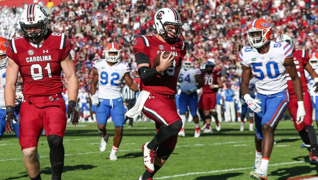 Nov 11, 2017; Columbia, SC, USA; South Carolina Gamecocks quarterback Jake Bentley (19) runs into the end zone to score a touchdown against the Florida Gators during the second half at Williams-Brice Stadium. Mandatory Credit: Jim Dedmon-USA TODAY Sports