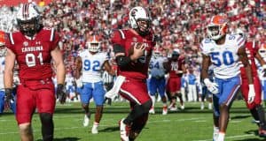 Nov 11, 2017; Columbia, SC, USA; South Carolina Gamecocks quarterback Jake Bentley (19) runs into the end zone to score a touchdown against the Florida Gators during the second half at Williams-Brice Stadium. Mandatory Credit: Jim Dedmon-USA TODAY Sports