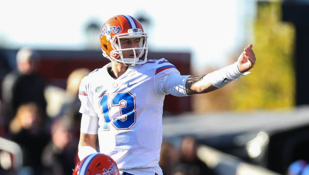 Nov 11, 2017; Columbia, SC, USA;Florida Gators quarterback Feleipe Franks (13) signals during the second half against the South Carolina Gamecocks at Williams-Brice Stadium. Mandatory Credit: Jim Dedmon-USA TODAY Sports