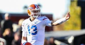 Nov 11, 2017; Columbia, SC, USA;Florida Gators quarterback Feleipe Franks (13) signals during the second half against the South Carolina Gamecocks at Williams-Brice Stadium. Mandatory Credit: Jim Dedmon-USA TODAY Sports