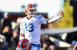 Nov 11, 2017; Columbia, SC, USA;Florida Gators quarterback Feleipe Franks (13) signals during the second half against the South Carolina Gamecocks at Williams-Brice Stadium. Mandatory Credit: Jim Dedmon-USA TODAY Sports