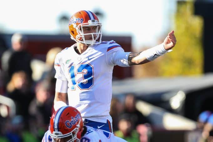 Nov 11, 2017; Columbia, SC, USA;Florida Gators quarterback Feleipe Franks (13) signals during the second half against the South Carolina Gamecocks at Williams-Brice Stadium. Mandatory Credit: Jim Dedmon-USA TODAY Sports