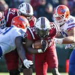 Nov 11, 2017; Columbia, SC, USA; South Carolina Gamecocks running back Mon Denson (34) carries the ball against the Florida Gators during the second half at Williams-Brice Stadium. Mandatory Credit: Jim Dedmon-USA TODAY Sports