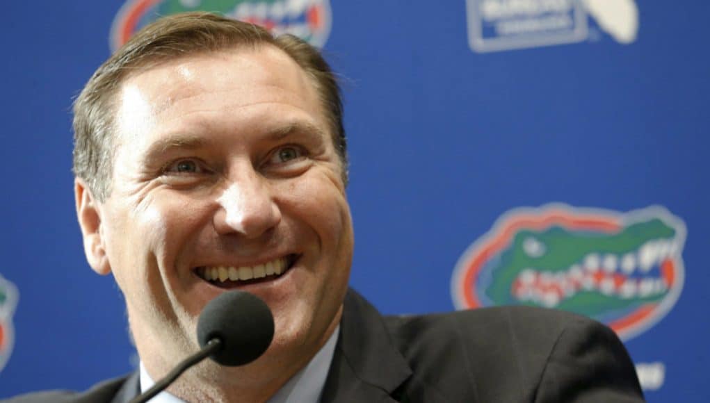 Nov 27, 2017; Gainesville, FL, USA; Florida Gators head coach Dan Mullen talks with media as he is introduced as head coach at Ben Hill Griffin Stadium. Mandatory Credit: Kim Klement-USA TODAY Sports