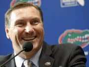 Nov 27, 2017; Gainesville, FL, USA; Florida Gators head coach Dan Mullen talks with media as he is introduced as head coach at Ben Hill Griffin Stadium. Mandatory Credit: Kim Klement-USA TODAY Sports