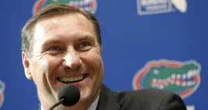 Nov 27, 2017; Gainesville, FL, USA; Florida Gators head coach Dan Mullen talks with media as he is introduced as head coach at Ben Hill Griffin Stadium. Mandatory Credit: Kim Klement-USA TODAY Sports
