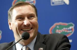 Nov 27, 2017; Gainesville, FL, USA; Florida Gators head coach Dan Mullen talks with media as he is introduced as head coach at Ben Hill Griffin Stadium. Mandatory Credit: Kim Klement-USA TODAY Sports