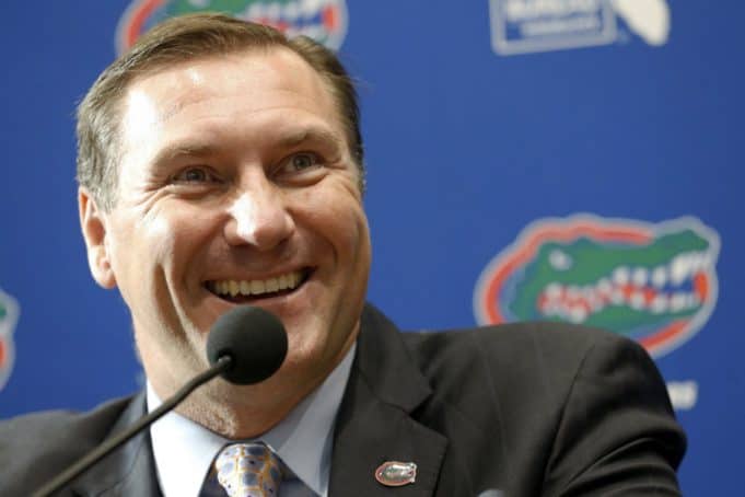 Nov 27, 2017; Gainesville, FL, USA; Florida Gators head coach Dan Mullen talks with media as he is introduced as head coach at Ben Hill Griffin Stadium. Mandatory Credit: Kim Klement-USA TODAY Sports