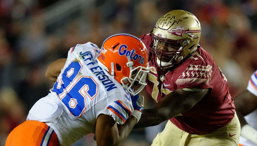 University of Florida defensive lineman CeCe Jefferson rushes the passer in the Florida Gators 2016 matchup with FSU- Florida Gators football- 1280x852