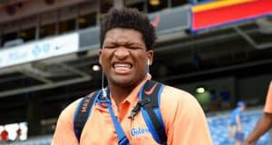 University of Florida offensive lineman Fred Johnson smiles as he walks into Ben Hill Griffin Stadium before playing Kentucky- Florida Gators football- 1280x852