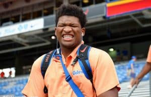 University of Florida offensive lineman Fred Johnson smiles as he walks into Ben Hill Griffin Stadium before playing Kentucky- Florida Gators football- 1280x852