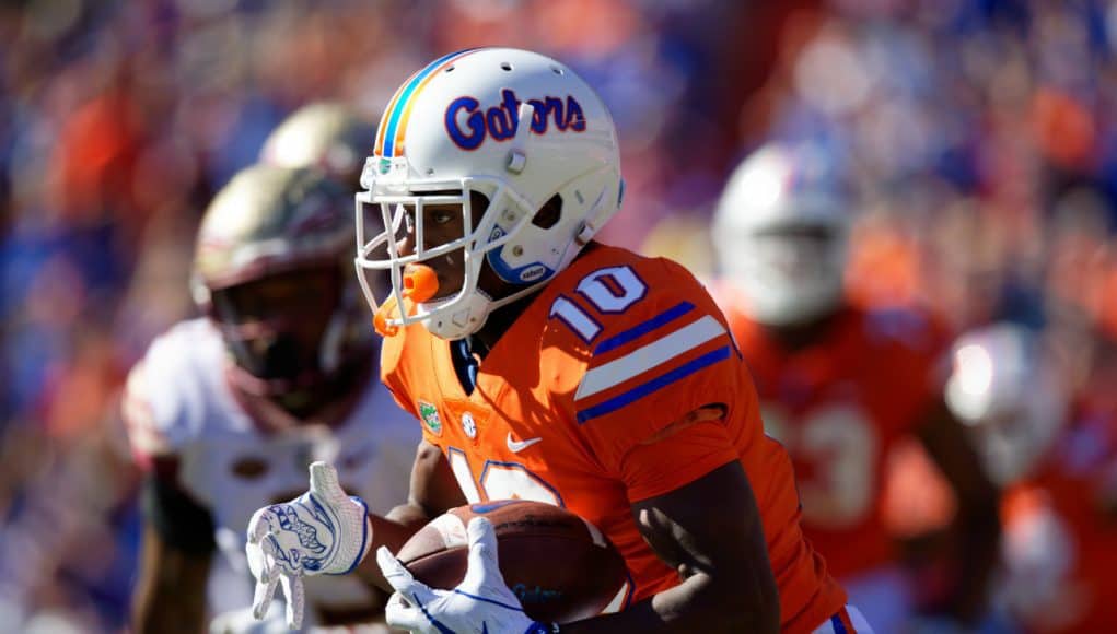 University of Florida receiver Josh Hammond runs after a catch against the Florida State Seminoles- Florida Gators football- 1280x853