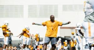Aug 18, 2017; Knoxville, TN, USA; Tennessee Volunteers defensive backs coach Charlton Warren warms up with players during fall football practice at Anderson Training Facility. Mandatory Credit: Calvin Mattheis/Knoxville News Sentinel via USA TODAY NETWORK