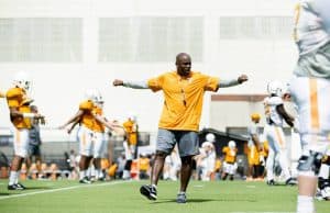 Aug 18, 2017; Knoxville, TN, USA; Tennessee Volunteers defensive backs coach Charlton Warren warms up with players during fall football practice at Anderson Training Facility. Mandatory Credit: Calvin Mattheis/Knoxville News Sentinel via USA TODAY NETWORK
